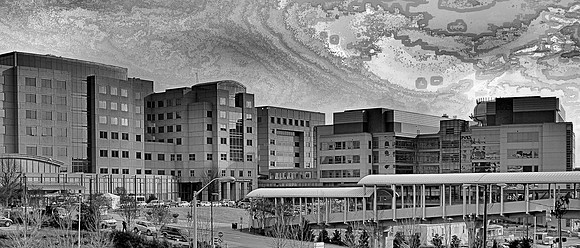 Russell Stott P1000526 UNC HospitalsCropped BW weird sky large
